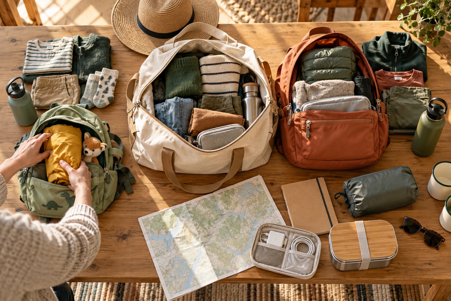 Three open travel bags with clothes, bottles, a rain jacket, and shared supplies arranged on a wooden table.