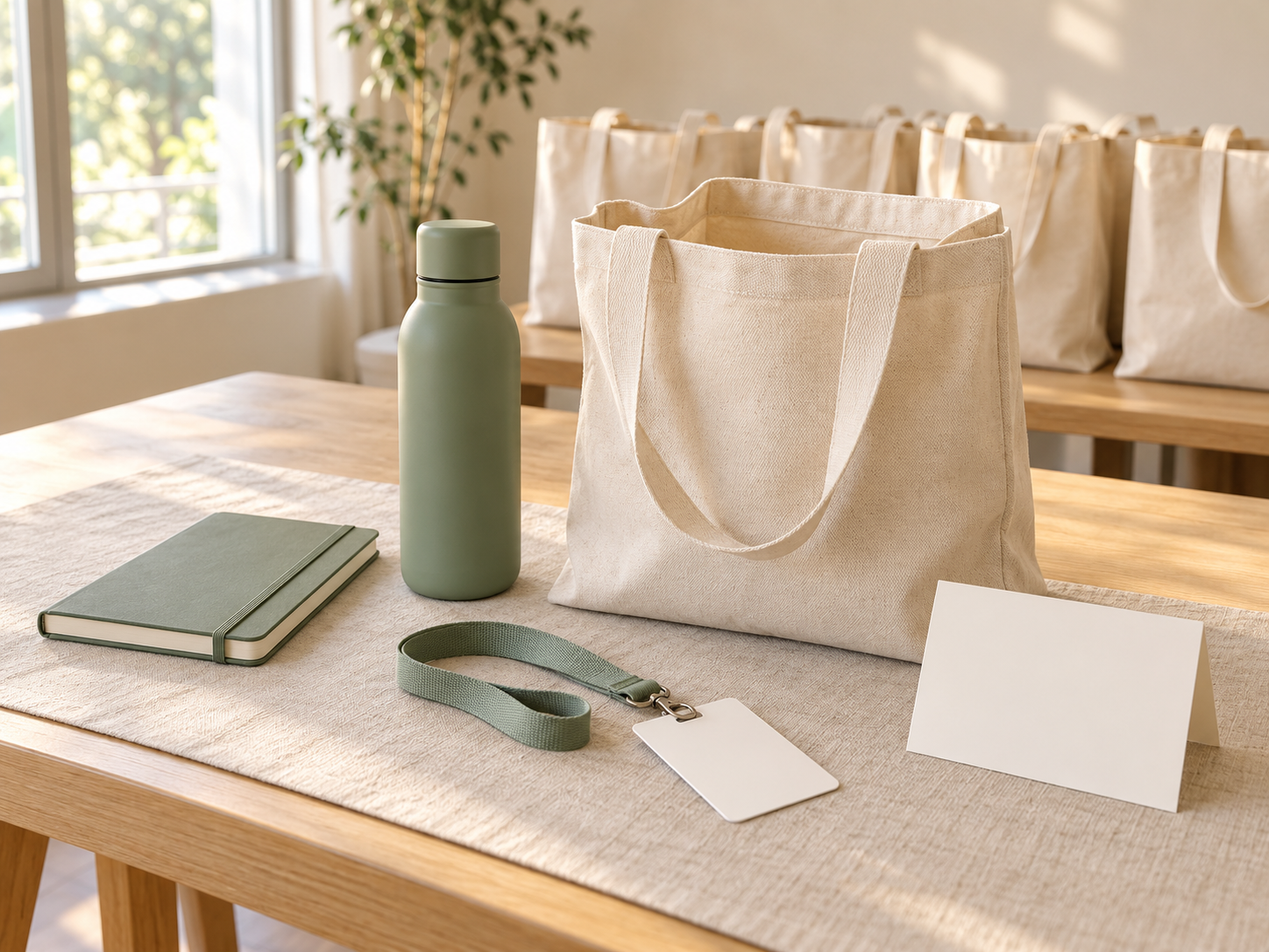 A canvas tote beside a sage reusable bottle, notebook, lanyard and welcome card at a conference packing station.