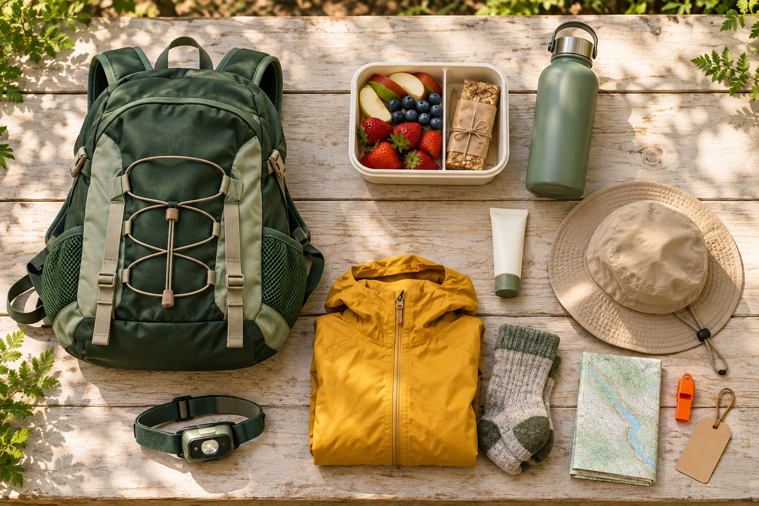 A child’s sage hiking backpack with a lunchbox, water bottle, sun hat, sunscreen, yellow rain jacket, socks, headlamp, map, whistle and contact tag laid out on a picnic table.
