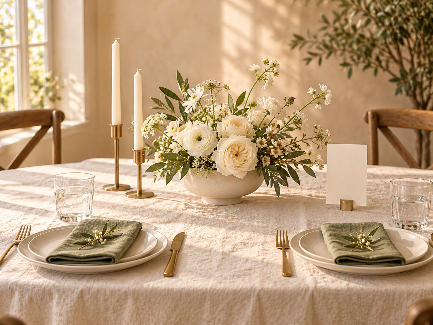 A low white floral centerpiece, two brass candleholders, a table card, sage napkins and glasses on an ivory wedding table.